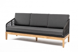 «Канны» диван плетеный из роупа 3-местный, основание дуб, роуп темно-серый, ткань темно-серая