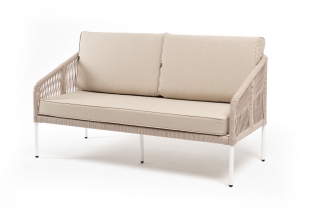 «Канны» диван плетеный из роупа 2-местный, каркас алюминий белый, роуп бежевый, ткань бежевая