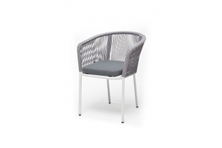 «Марсель» стул плетеный из роупа, каркас алюминий белый шагрень, роуп серый круглый, ткань серая