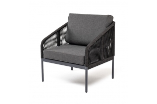 «Канны» кресло плетеное из роупа, каркас алюминий светло-серый (RAL7035) шагрень, роуп бирюзовый круглый, ткань светло-серая