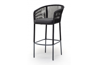 «Марсель» стул барный плетеный из роупа, каркас из стали темно-серый (RAL7024) шагрень, роуп темно-серый круглый, ткань темно-серая