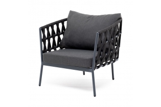 «Диего» кресло плетеное из роупа, каркас алюминий светло-серый (RAL7035) шагрень, роуп салатовый меланж круглый, ткань светло-серая