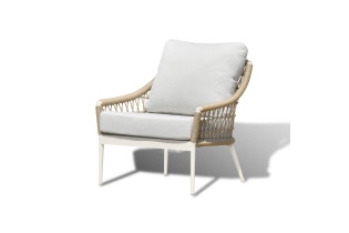 «Венеция» кресло плетеное из роупа, каркас алюминий белый, роуп соломенный, ткань белая