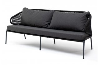 «Милан» диван 3-местный плетеный из роупа, каркас алюминий темно-серый (RAL7024) муар, роуп темно-серый круглый, ткань темно-серая 027