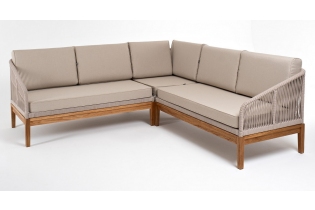 «Канны» диван модульный плетеный из роупа, основание дуб, роуп бежевый круглый, ткань бежевая 035