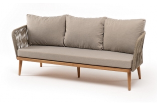 «Мальорка» диван 3-местный плетеный из роупа, основание дуб, роуп серо-коричневый 23мм, ткань бежевая 052