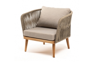 «Мальорка» кресло плетеное из роупа, основание дуб, роуп серо-коричневый 23мм, ткань бежевая 052