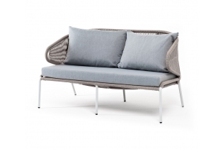 «Милан» диван 2-местный плетеный из роупа, каркас алюминий белый муар, роуп бежевый круглый, ткань бежевая 035