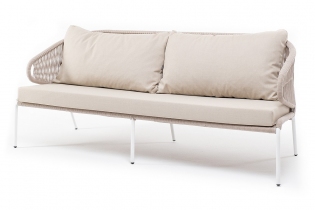 «Милан» диван 3-местный плетеный из роупа, каркас алюминий белый, роуп бежевый круглый, ткань бежевая