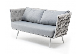 «Монако» диван 2-местный плетеный из роупа, каркас алюминий светло-серый (RAL7035) муар, роуп светло-серый 40 мм, ткань светло-серая