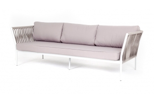 «Касабланка» диван 3-местный плетеный из роупа, каркас алюминий белый муар, роуп бежевый 20мм, ткань бежевая 052
