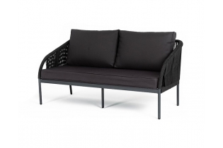 «Канны» диван 2-местный плетеный из роупа, каркас алюминий темно-серый (RAL7024) муар, роуп темно-серый круглый, ткань темно-серая 019