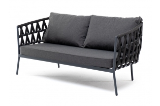 «Диего» диван 2-местный плетеный из роупа, каркас алюминий темно-серый (RAL7024) муар, роуп темно-серый круглый, ткань темно-серая 027