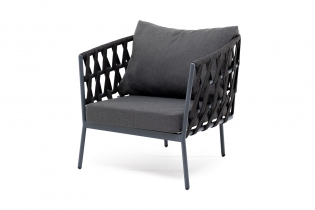 «Диего» кресло плетеное из роупа, каркас алюминиевый серый, роуп темно-серый, подушка темно-серая