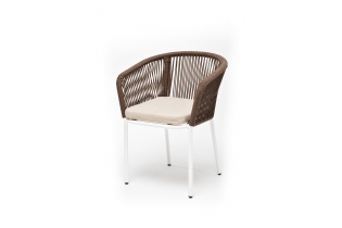 «Марсель» плетеный стул из роупа, каркас алюминий белый, роуп коричневый, ткань бежевая