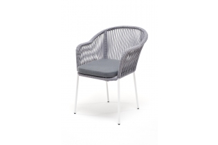 «Лион» плетеный стул из роупа, каркас стальной белый, роуп светло-серый, подушка серая